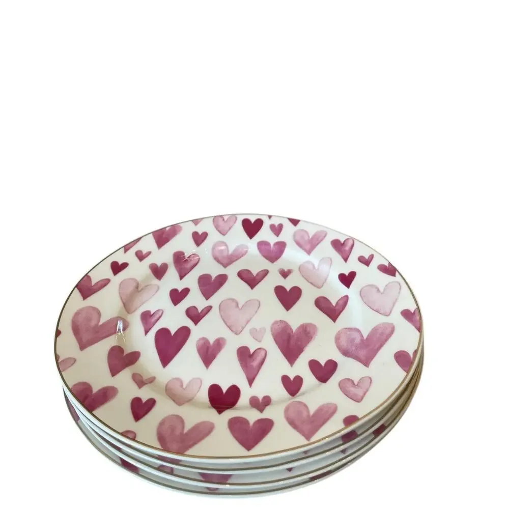 4 Grace Teaware Porcelain Pink & White Valentine's Day Heart 8in Salad Plates